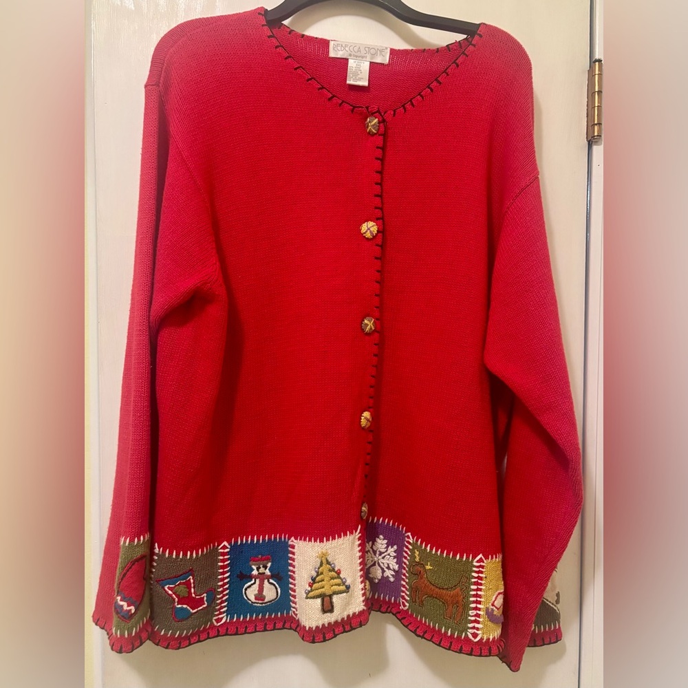 Rebecca Stone Christmas Grandma Cardigan Sweater Patchwork Red Plus Size 3X